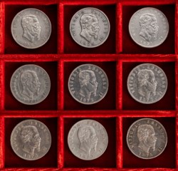 VITTORIO EMANUELE II, Re d'Italia (1861-1878) - Lotto di 9 monete da 5 lire, zecca di Milano e Roma.