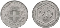 VITTORIO EMANUELE III (1900-1943) - 20 centesimi 1919, esagono, Roma.