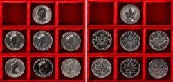 CANADA - ELISABETTA II (1952-2022) - Lotto di 7 esemplari da 5 dollari leaf, senza ripetizioni (1988, 1989, 1991, 1992, 1994, 1996, 2015).