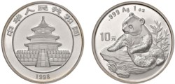 CINA - Repubblica Popolare (1949-) - 10 Yuan da 1 oncia, Serie Panda Proof, 1998.