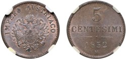 FRANCESCO GIUSEPPE I D'ASBURGO-LORENA (1848-1866) - 5 centesimi 1852, Milano.