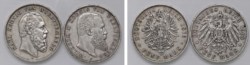 GERMANIA - WURTTEMBERG - CARLO I e GUGLIELMO II (1864-1891) - Lotto due monete da 5 Marchi (1876 e 1900 F).