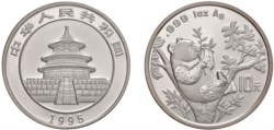 CINA - Repubblica Popolare (1949-) - 10 Yuan da 1 oncia, Serie Panda Proof, 1995.