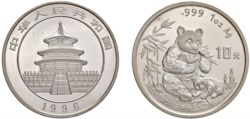 CINA - Repubblica Popolare (1949-) - 10 Yuan da 1 oncia, Serie Panda Proof, 1996.