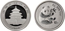 CINA - Repubblica Popolare (1949-) - 10 Yuan da 1 oncia, Serie Panda Proof, 2000.