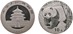 CINA - Repubblica Popolare (1949-) - 10 Yuan da 1 oncia, Serie Panda Proof, 2001.