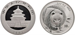 CINA - Repubblica Popolare (1949-) - 10 Yuan da 1 oncia, Serie Panda Proof, 2003.