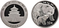 CINA - Repubblica Popolare (1949-) - 10 Yuan da 1 oncia, Serie Panda Proof, 2004.
