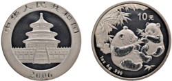 CINA - Repubblica Popolare (1949-) - 10 Yuan da 1 oncia, Serie Panda Proof, 2006.