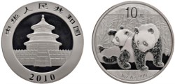 CINA - Repubblica Popolare (1949-) - 10 Yuan da 1 oncia, Serie Panda Proof, 2010.
