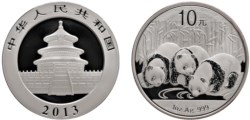 CINA - Repubblica Popolare (1949-) - 10 Yuan da 1 oncia, Serie Panda Proof, 2013.