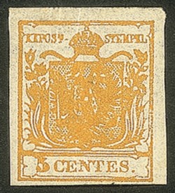 Antichi Stati Italiani - Lombardo Veneto - 1850 c.5 arancio carico (1i) nuovo con gomma originale