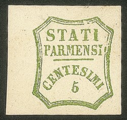 Antichi Stati Italiani - Parma - C.5 verde giallo, bordo di foglio a sinistra