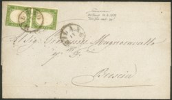 Antichi Stati Italiani - Lombardo Veneto - Lettera affrancata con Sardegna coppia verticale c.5 verde giallo (13Ba)