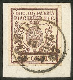 Antichi Stati Italiani - Parma - Frammento con c.25 bruno lilla annullo PARMA 3 LUGL.57