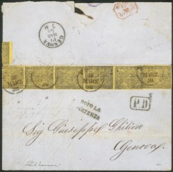 Antichi Stati Italiani - Parma - Lettera affrancata con un esemplare + striscia verticale di cinque del c.5 giallo arancio