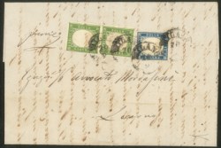 Antichi Stati Italiani - Lombardo Veneto - Lettera per la Svizzera affrancata con Sardegna coppia verticale c.5 verde giallo + c.20 azzurro scuro (13Ba+15B)