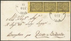Antichi Stati Italiani - Parma - Lettera con striscia verticale di tre c.5 giallo arancio