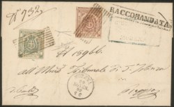 Antichi Stati Italiani - Modena - Raccomandata da Modena a Reggio affrancata con 1 es. 5 cent. verde + 40 cent. carminio