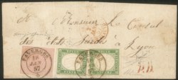 Antichi Stati Italiani - Sardegna - Lettera per la Francia con seconda emissione c.40 rosa + quarta emissione due esemplari c.5 verde pisello (6a+13c)