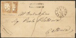Antichi Stati Italiani - Sardegna - Lettera affrancata con c.10 bistro chiao + c.10 bistro fraz. verticalmente e usato per 5 cent (14E+14Ea)