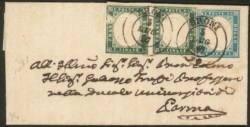 Antichi Stati Italiani - Sardegna - Lettera da BRONI 3 LUG.57 con Sardegna c.20 celeste vivace + coppia c.5 verde smeraldo scuro (13f + 15h)