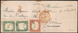 Antichi Stati Italiani - Sardegna - Bustina rosa affrancata con coppia verticale del 5 cent verde smeraldo (13d) + 40 cent vermiglio tenue (16)