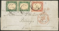 Antichi Stati Italiani - Sardegna - Busta affrancata con coppia verticale del 5 cent verde smeraldo giallastro (13e) + 40 cent vermiglio tenue (16)