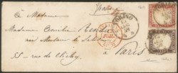 Antichi Stati Italiani - Sardegna - Bustina affrancata con 10 cent bruno porpora (14Ac) + 40 cent rosso scarlatto (16A)