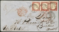 Antichi Stati Italiani - Sardegna - Lettera per gli Stati Uniti con tre esemplari c.40 rosso scarlatto
