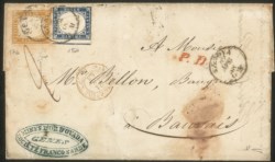 Antichi Stati Italiani - Sardegna - Lettera affrancata con 20 cent azzurro grigiastro (15A) + 80 cent ocra arancio (17b)