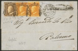 Antichi Stati Italiani - Sicilia - Lettera afftrancata con due esemplari 1/2 grano arancio, prima tavola + gr. 1 bruno ruggine con ritocco n.7 (1a + 3)