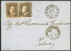 Antichi Stati Italiani - Sicilia - Lettera coppia gr.1 verde oliva grigiastro, I tavola II stato