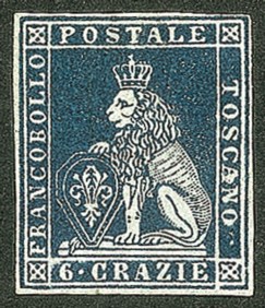 Antichi Stati Italiani - Toscana - 1851 cr.6 indaco su azzurro (7a)