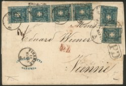 Antichi Stati Italiani - Toscana - 1860 Eccezionale lettera con striscia verticale di quattro + due esemplari del c.20 azzurro