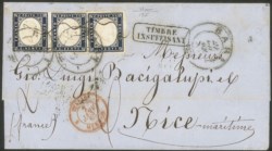 Regno - Vittorio Emanuele II - Busta affrancata con coppia orizzontale più singolo del 20 cent indaco (15E - Sardegna)