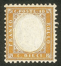 Regno - Vittorio Emanuele II - C.10 bistro giallastro, dentellato 11,5 x 12 (1)