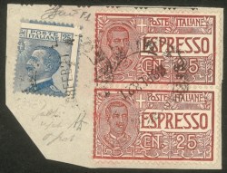 Regno - Vittorio Emanuele III - Frammento del 18.2.1921 con 25 cent. azzurro + Espressi 1920
