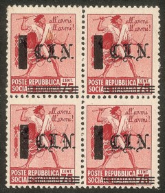 Emissioni CLN - 1945 - 75 cent (Errani 10) - quartina con soprastampe spostate e disallineate (fasci visibili)