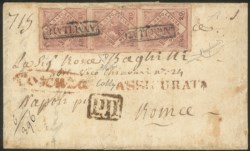 Antichi Stati Italiani - Napoli - Rara lettera affrancata con striscia verticale di tre del gr.20 rosa lillaceo