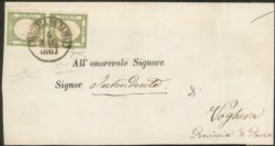 Antichi Stati Italiani - Napoli - Lettera affrancata con coppia verticale del 1/2 tornese verde oliva (17b cat.7000)
