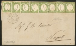 Antichi Stati Italiani - Napoli - Lettera affrancata con otto francobolli delle Provincie Napoletane da 1/2 tornese verde giallo