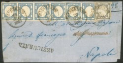 Antichi Stati Italiani - Napoli - 1861 - striscia di quattro + coppia del 2 grana azzurro chiaro + 1 grano grigio scuro (20 + 19a)