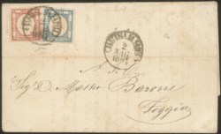 Antichi Stati Italiani - Napoli - Lettera affrancata con 5 grana rosso carminio + 2 grana azzurro chiaro