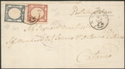 Antichi Stati Italiani - Napoli - Lettera affrancata con 5 grana rosso carminio + 2 grana indaco esemplare con due ritocchi (20e + 21 cat.1350)