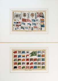 Three hand-coloured flag prints