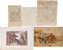 Multiple lot of four drawings and one print: