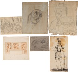 Multiple lot of five drawings and one print: