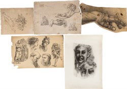 Multiple lot of four drawings and one print: