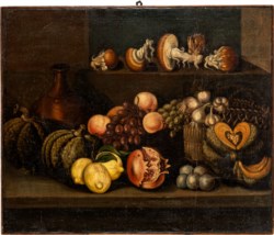 Italian school of the 17th century - Still life with lemons, pomegranate, pumpkin, garlic, peaches, grapes, mushrooms and a copper basin